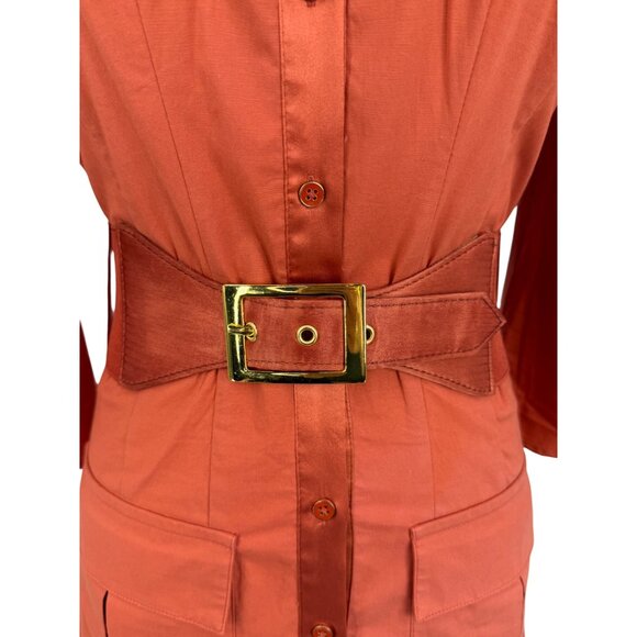 Vintage Y2K Bebe Rust Orange Belted Mini Shirt Dress w/Pockets & Satin Trim S - Picture 5 of 16